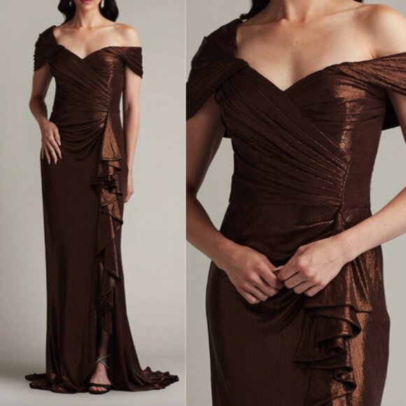 NWT TADASHI SHOJI Drea Metallic Waterfall Flounce Gown Dress Bark BSJ24107L